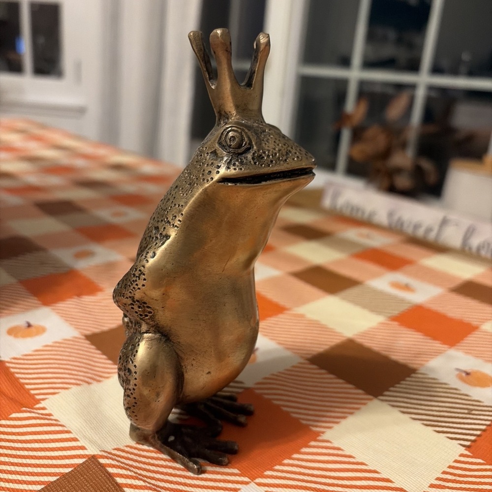 Solid Brass Frog Prince Figurine Statue 7" Tall 70's Vintage